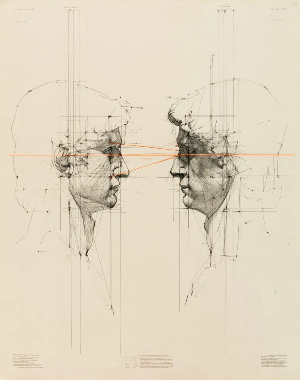 Two drawn human profiles connected by a measured line of attention